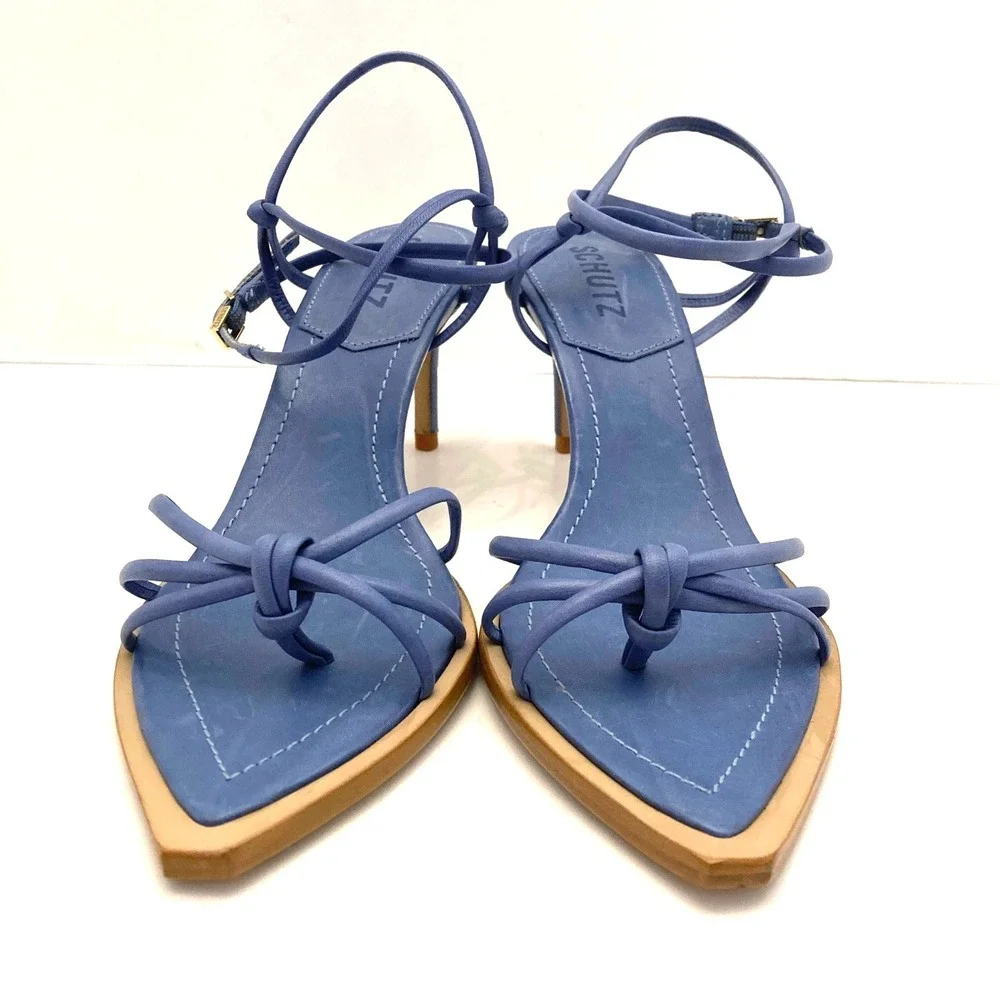 Schutz Abby Blue Leather Point Toe Strappy Wrap Around Stiletto Heels Womens 6.5